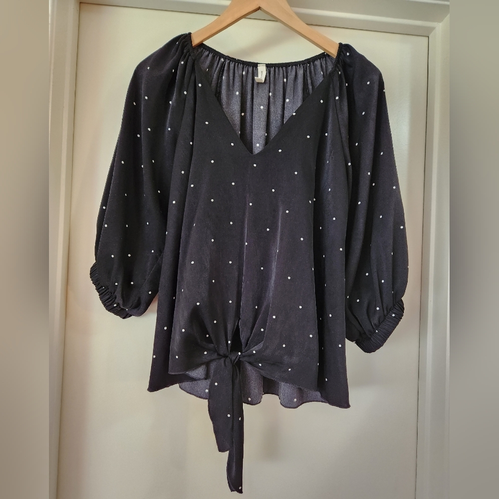 Tyche‎ Women's Black White Polkadot Blouse Tie Front Medium